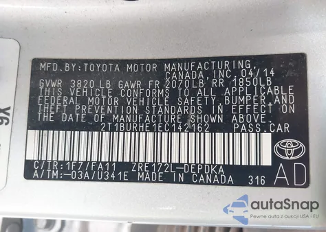 2014 Toyota Corolla L from USA, damaged, VIN 2T1BURHE1EC142162